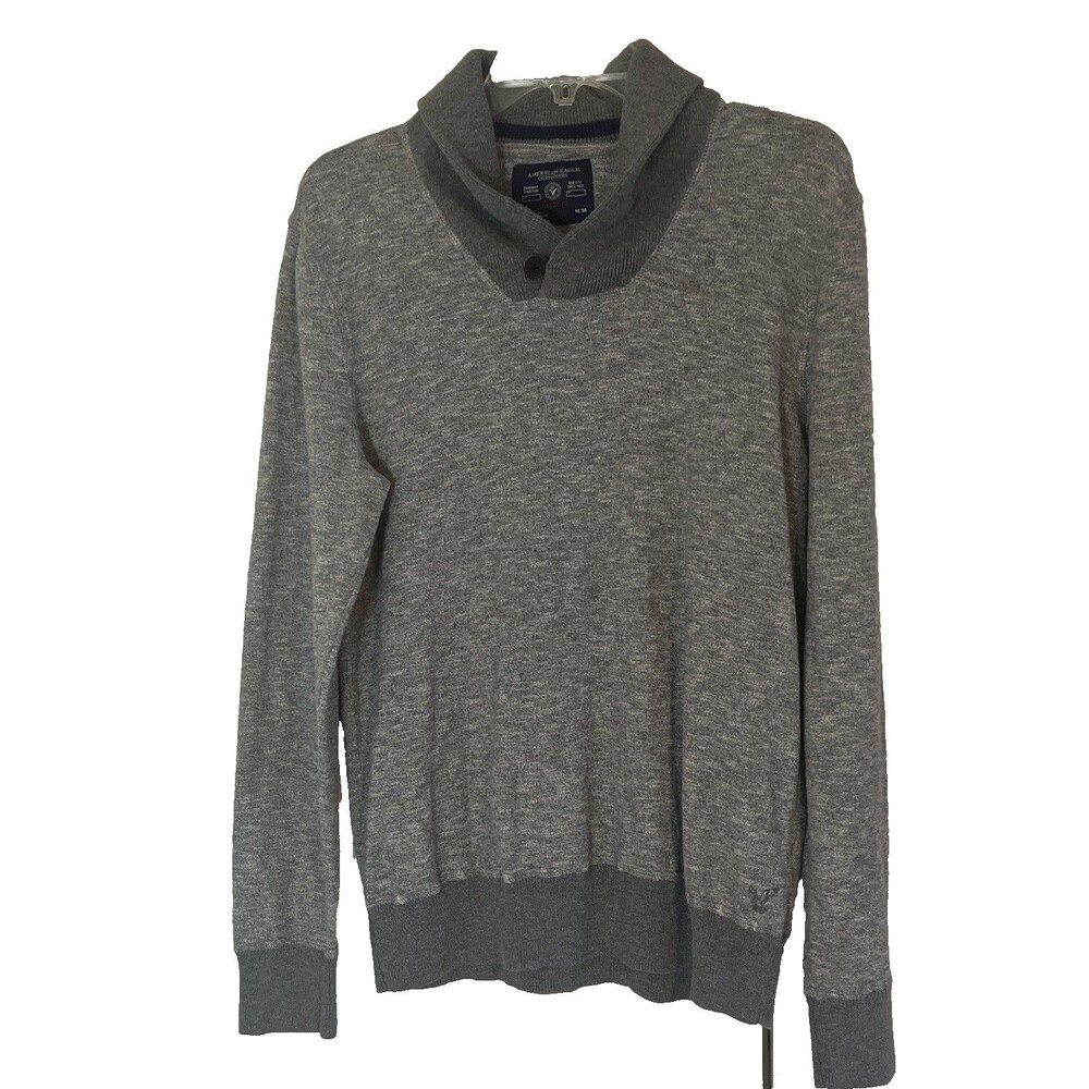 American Eagle Sweater Mens M Gray Athletic Fit Shawl Collar Cotton Cabin Preppy